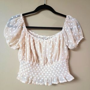 ILLA ILLA  Off the shoulder Sheer garterized Embroidered Flowers crop top Medium
